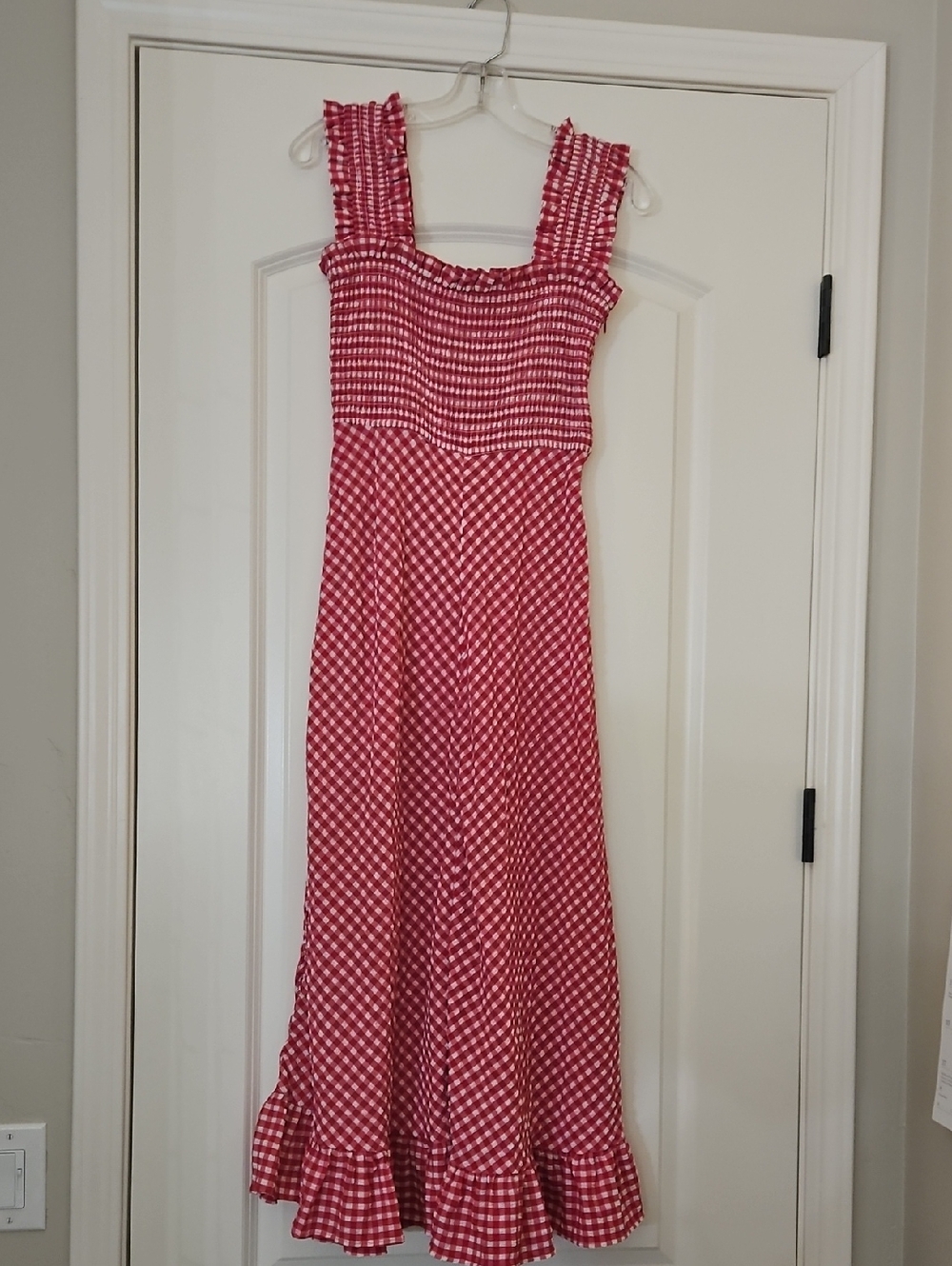 Ganni Red & White Gingham Smocked Maxi Dress